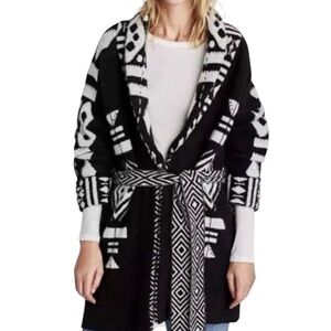 Zara Black & White Aztec Jacquard Belted Tie Waist Cardigan Coatigan - S